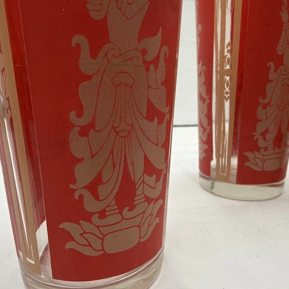 Vntg 1960's Culvers Red & Gold Siam Thai Goddess 4 High Ball Glasses‎ 6.25